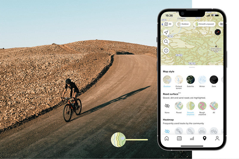未舗装路を走るサイクリストとSuuntoアプリの路面情報