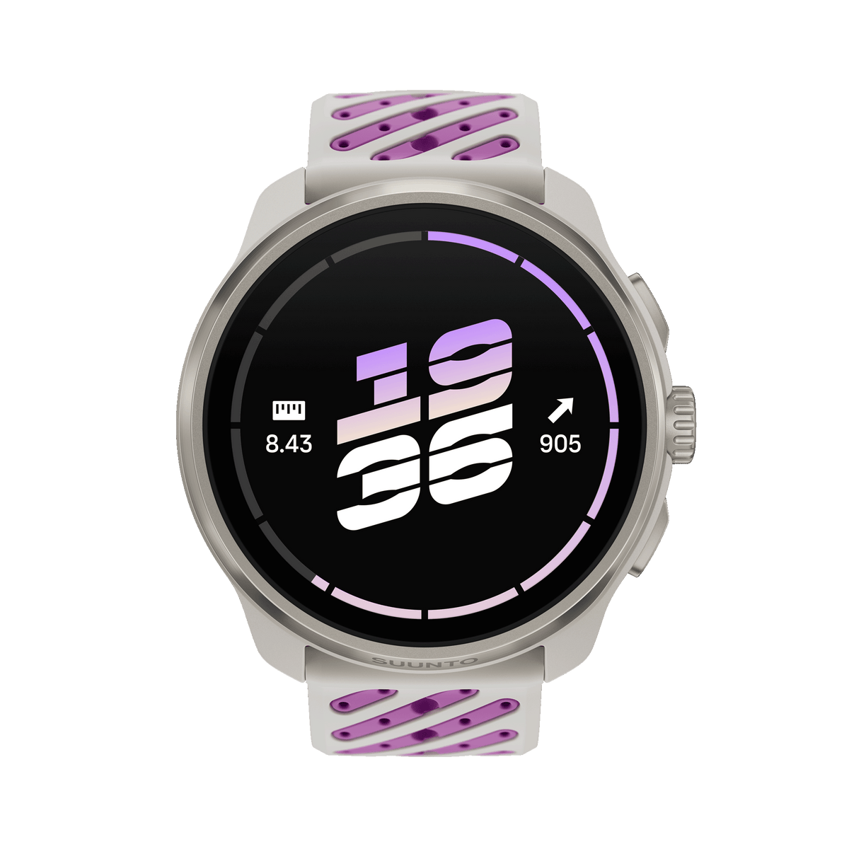 A Suunto sport watch Race 3S with a round black display showing a digital clock, featuring a white and purple perforated silicone strap, isolated on a white background.