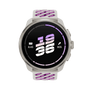 A Suunto sport watch Race 3S with a round black display showing a digital clock, featuring a white and purple perforated silicone strap, isolated on a white background.