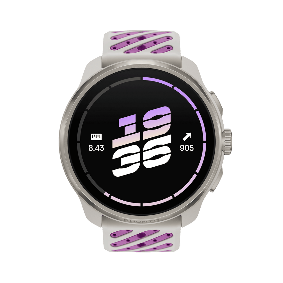 A Suunto sport watch Race 3S with a round black display showing a digital clock, featuring a white and purple perforated silicone strap, isolated on a white background.